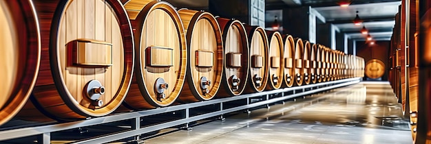 Foto caldera de bodega con barricas de madera envejecidas elaboración y almacenamiento de vino tradicional viticultura de fondo