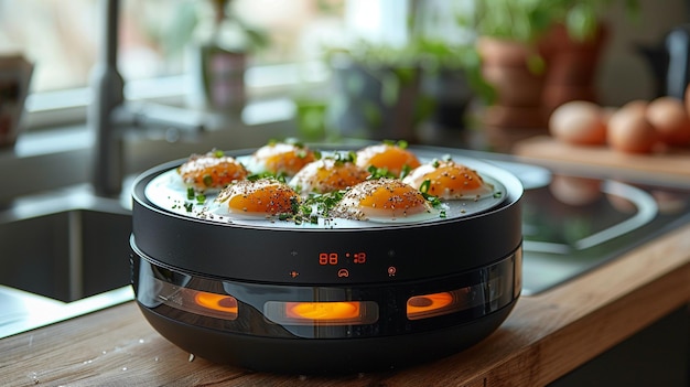 Foto una caldera de huevos inteligente con papel tapiz para cocinar