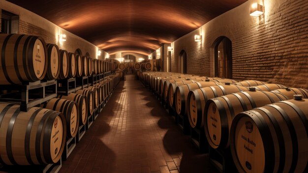 Caldera de vino atmosférica con filas de barriles de madera en estantes iluminados por una iluminación suave y cálida