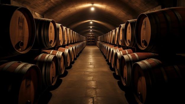 Caldera de vino tradicional con filas de barriles de vino de roble a lo largo de un camino que conduce a un armario al final