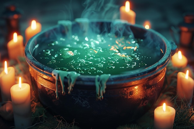 El caldero de las brujas espeluznantes burbujeando con poción verde