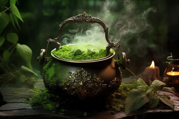 Caldero vapor verde mágico mundo de cuento de hadas telón de fondo
