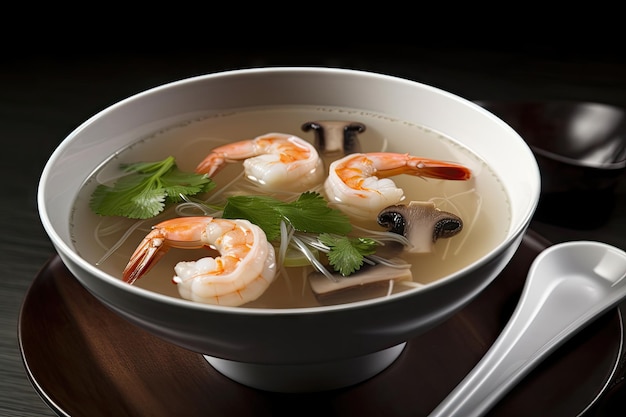 Caldo claro con gambas setas y lemongrass elaborado con ai generativa