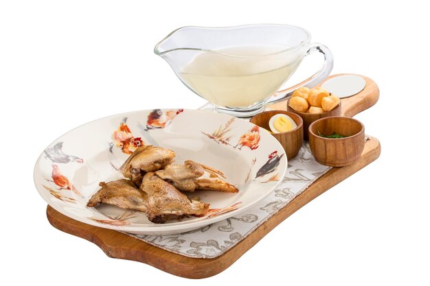 Caldo de codorniz con galletas y hierbas sobre una tabla de madera sobre fondo blanco.