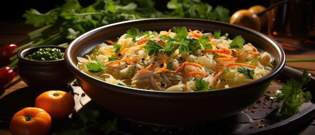 Caldo com carne de frango e verduras gerado por IA