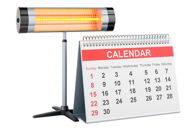 Calefactor halógeno o infrarrojo con renderizado 3D de calendario de escritorio