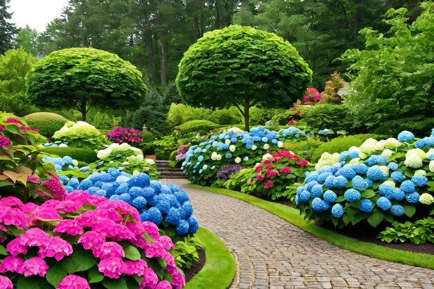 Foto un caleidoscopio de colores y grandeza jardín de hortensias