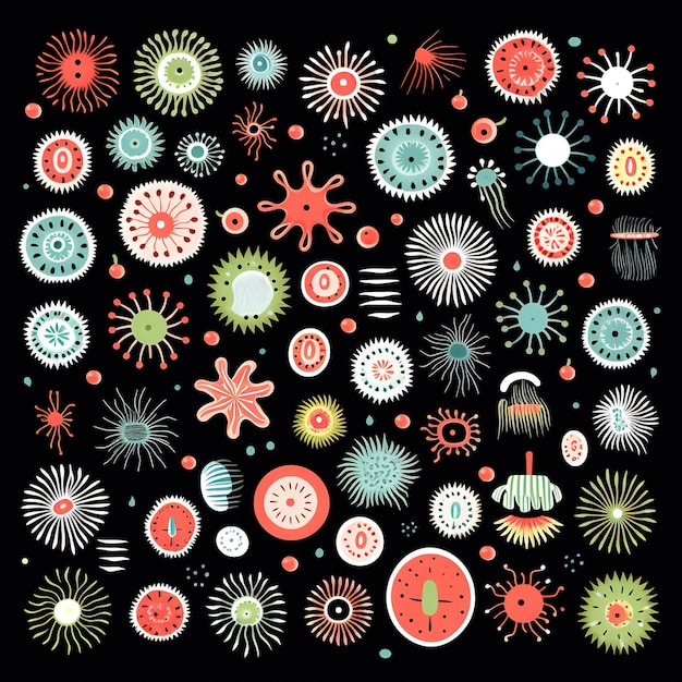 Caleidoscópio microscópico cativando padrões multicoloridos de vírus e bactérias