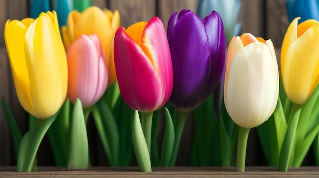 Caleidoscopio de tulipanes Seis coloridos tulipanes sobre un fondo de madera Bailando con vitalidad