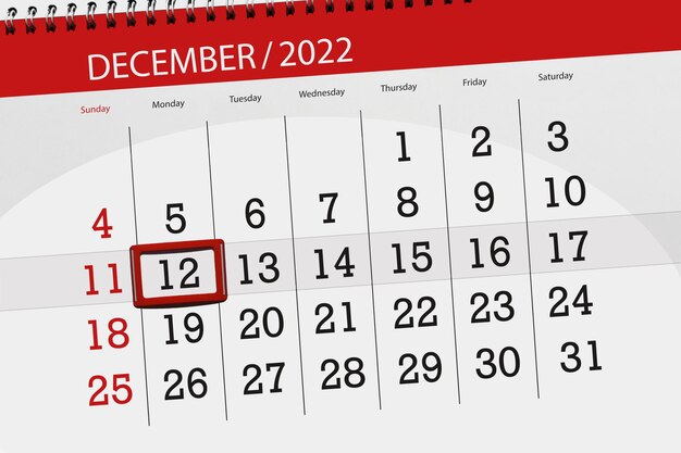 Calendario 2022 fecha límite día mes página organizador fecha diciembre lunes número 12