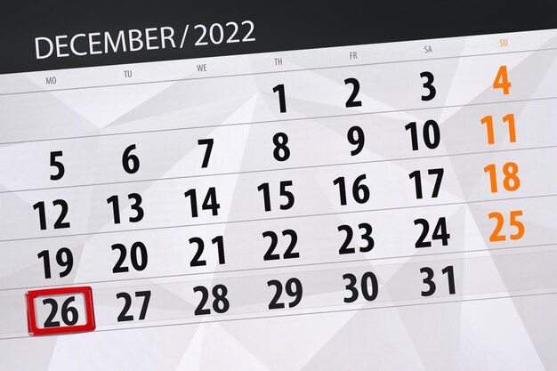 Calendario 2022 fecha límite día mes página organizador fecha diciembre lunes número 26