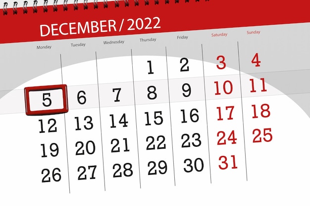 Calendario 2022 fecha límite día mes página organizador fecha diciembre lunes número 5