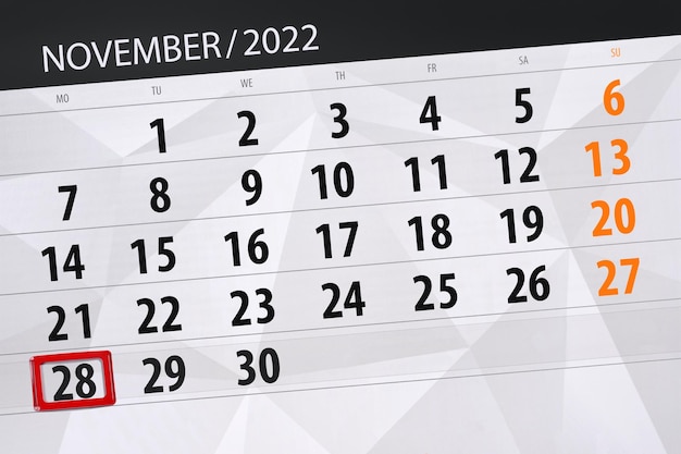 Calendario 2022 fecha límite día mes página organizador fecha noviembre lunes número 28