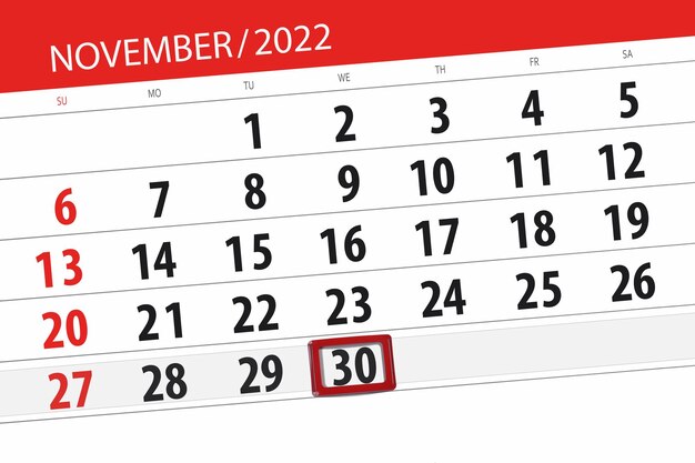 Calendario 2022 fecha límite día mes página organizador fecha noviembre miércoles número 30