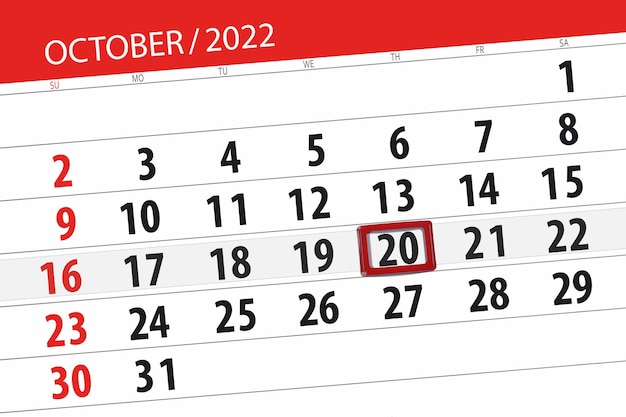 Calendario 2022 fecha límite día mes página organizador fecha octubre jueves número 20