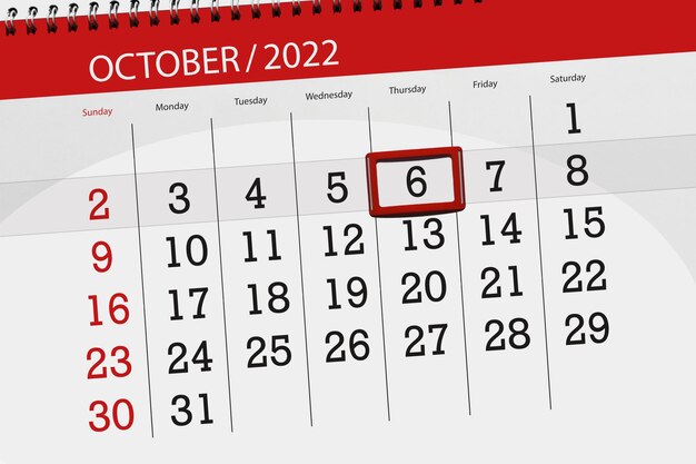 Calendario 2022 fecha límite día mes página organizador fecha octubre jueves número 6