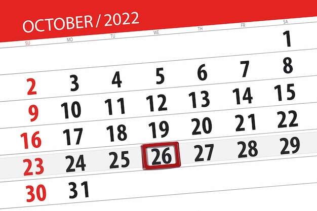 Calendario 2022 fecha límite día mes página organizador fecha octubre miércoles número 26