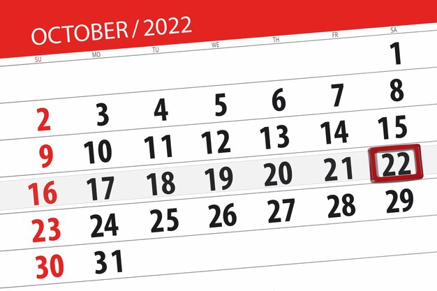 Calendario 2022 fecha límite día mes página organizador fecha octubre sábado número 22