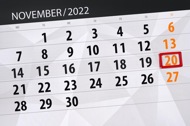 Calendário 2022 prazo dia mês página organizador data novembro domingo número 20