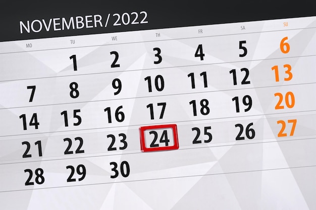 Calendário 2022 prazo dia mês página organizador data novembro quinta-feira número 24