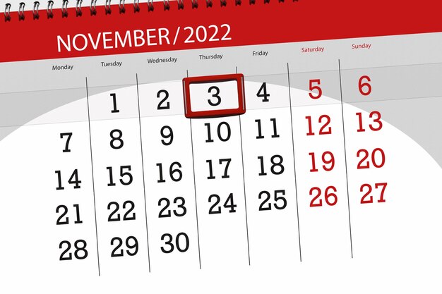 Calendário 2022 prazo dia mês página organizador data novembro quinta-feira número 3