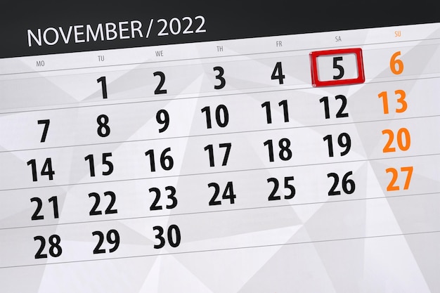 Calendário 2022 prazo dia mês página organizador data novembro sábado número 5