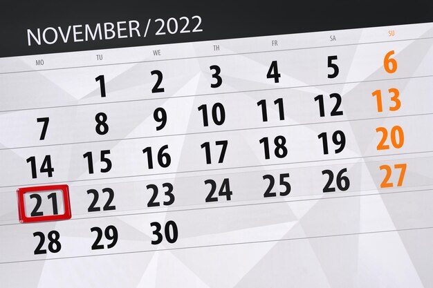 Calendário 2022 prazo dia mês página organizador data novembro segunda-feira número 21