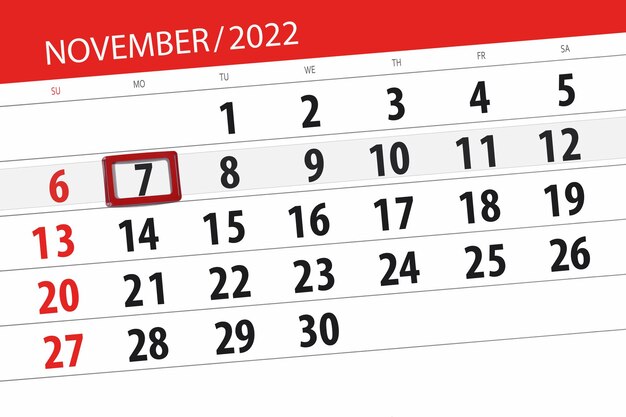 Calendário 2022 prazo dia mês página organizador data novembro segunda-feira número 7