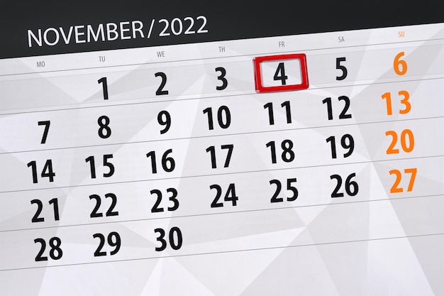 Calendário 2022 prazo dia mês página organizador data novembro sexta-feira número 4