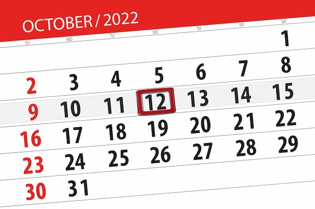 Calendário 2022 prazo dia mês página organizador data outubro quarta-feira número 12