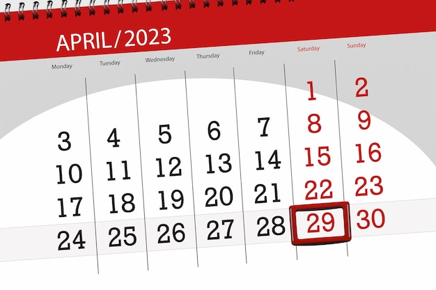 Calendario 2023 fecha límite día mes página organizador fecha abril sábado número 29