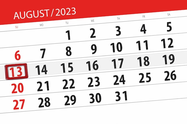 Foto calendario 2023 fecha límite día mes página organizador fecha agosto domingo número 13