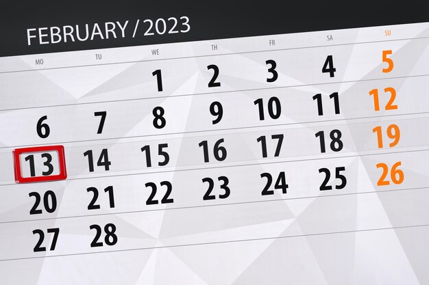 Calendario 2023 fecha límite día mes página organizador fecha febrero lunes número 13