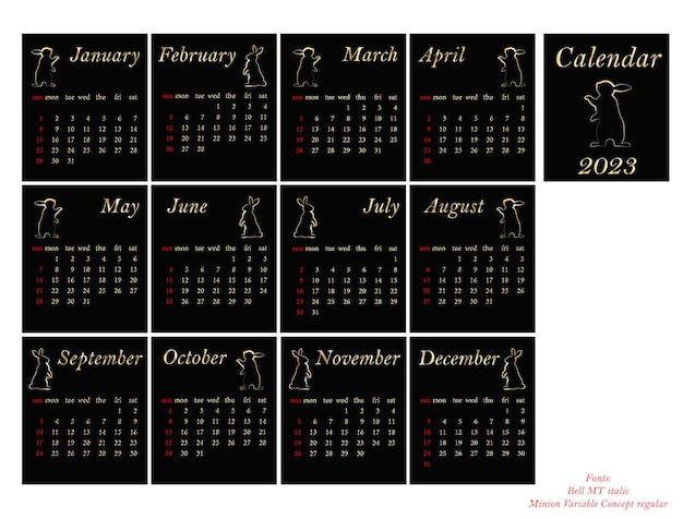 Foto calendario para 2023 negro con oro. plantilla de calendario de 12 meses.