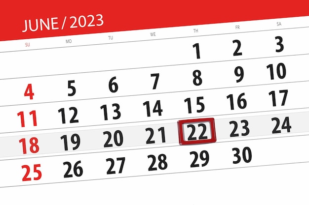 Calendário 2023 prazo dia mês página organizador data junho quinta-feira número 22