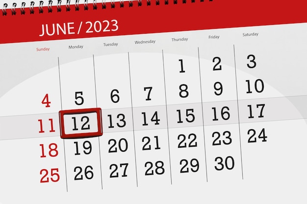 Calendário 2023, prazo, dia, mês, página, organizador, data, junho, segunda, número 12