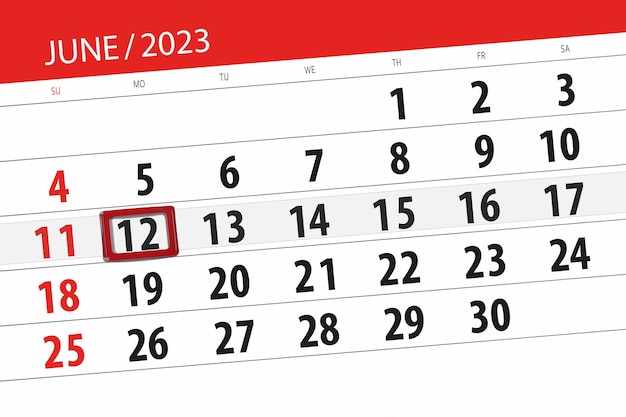 Calendário 2023, prazo, dia, mês, página, organizador, data, junho, segunda, número 12