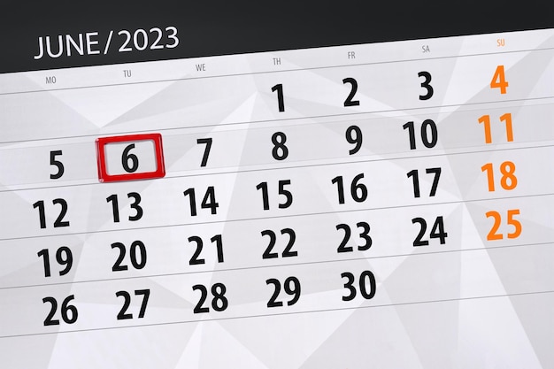 Calendário 2023 prazo dia mês página organizador data junho terça-feira número 6