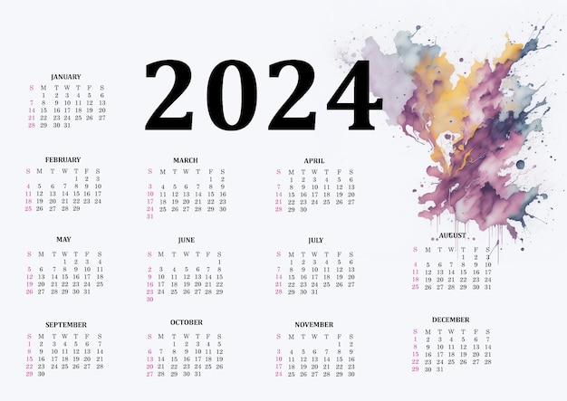 Calendário 2024 Arte abstrata Aquarela splash Design