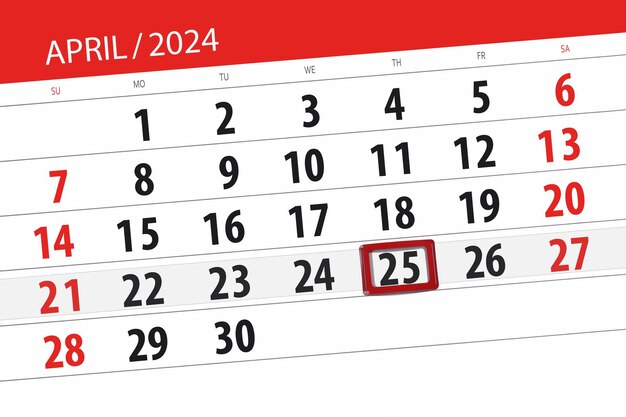 Calendario de 2024 fecha límite día mes página organizador fecha abril jueves número 25