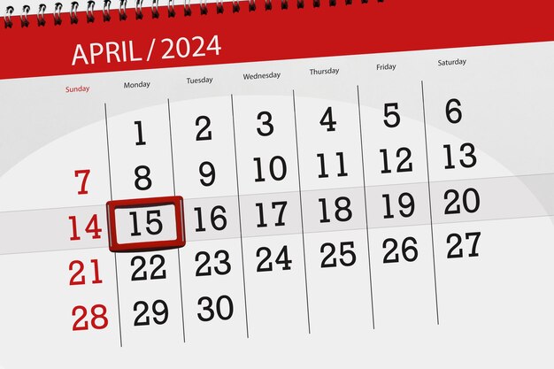 Calendario de 2024 fecha límite día mes página organizador fecha abril lunes número 15
