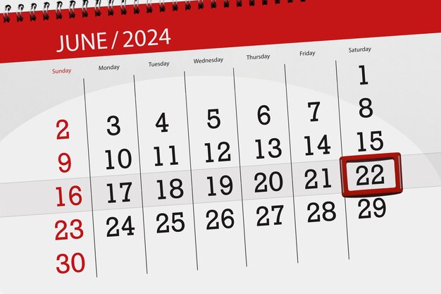 Foto calendario de 2024 fecha límite día mes página organizador fecha junio sábado número 22