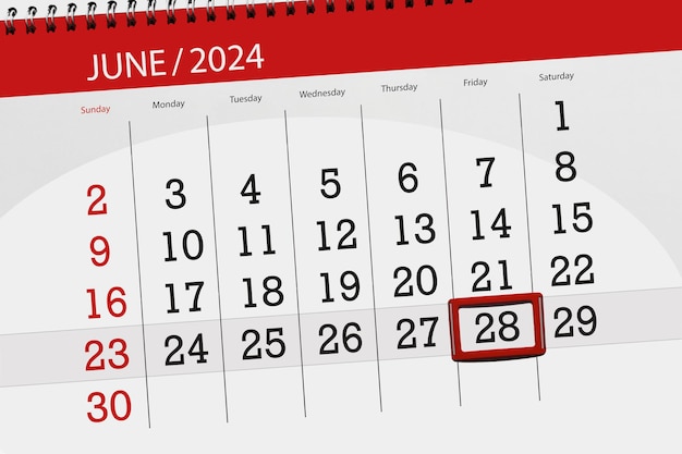 Calendario de 2024 fecha límite día mes página organizador fecha viernes número 28 de junio