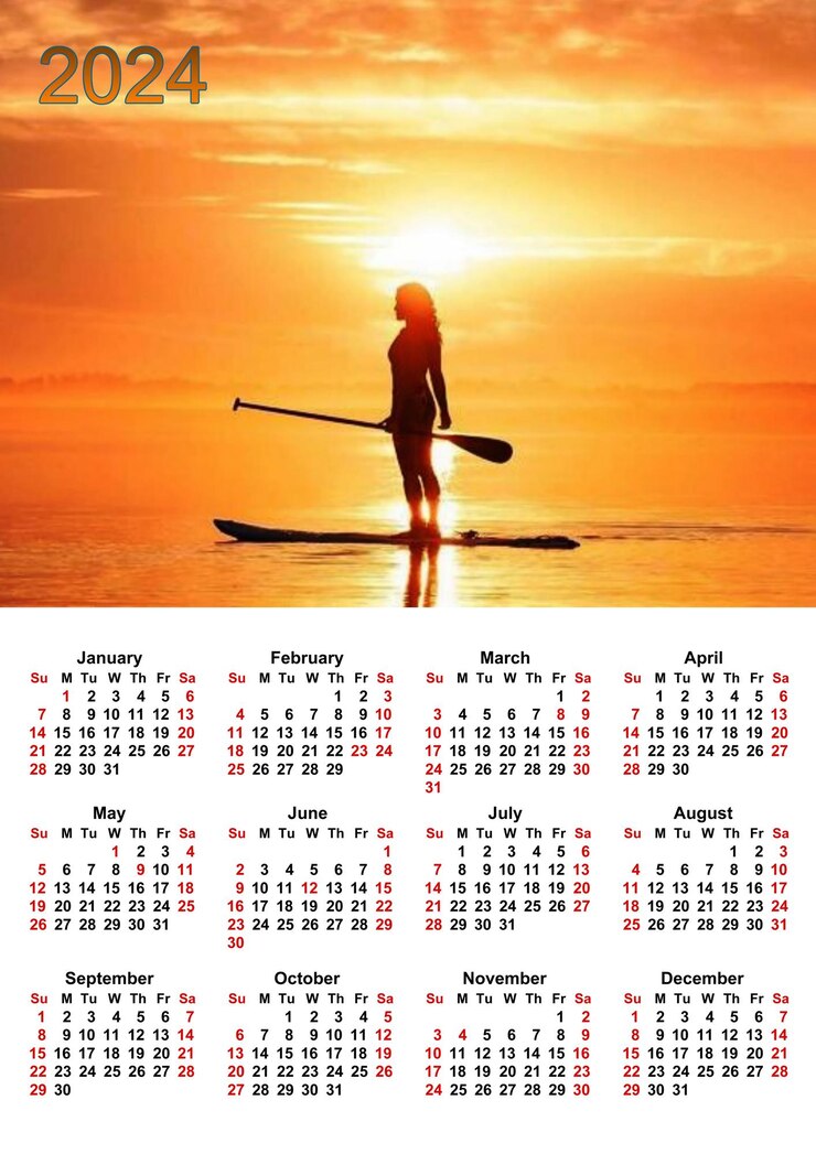 Foto calendário 2024 ilustração de banner digital pessoas sup surfando em férias homem e mulher ativos andando