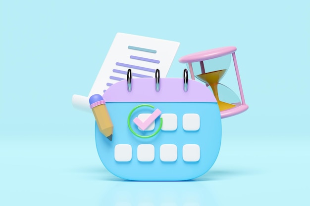 Calendario 3D con reloj de arena marcado con iconos de marca de comprobación lista de comprobación de fecha lápiz aislado en fondo azul horario cita concepto de negocio 3D render ilustración trayectoria de recorte