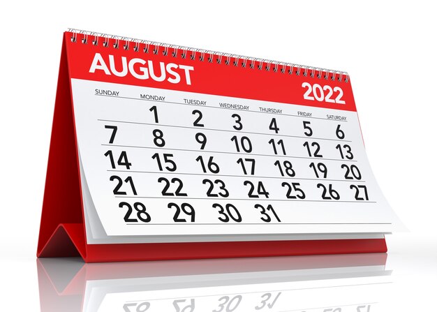 Calendario agosto 2022. Aislado sobre fondo blanco. Ilustración 3D