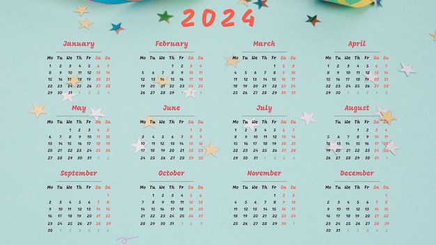 Calendário Anual de 2024 Belíssimo Design Imprimível