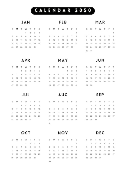 Calendário anual de 2025 Inglês Minimalista Papel de parede simples