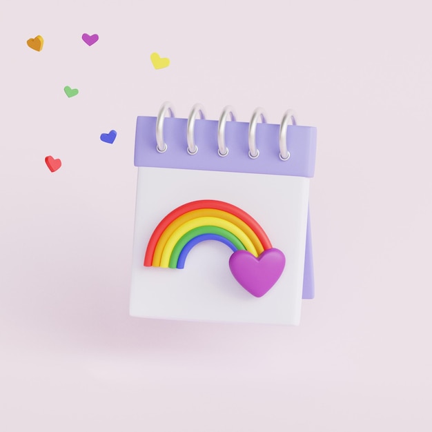 Calendario con arco iris y corazón para la celebración del mes del Orgullo LGBTQIA 3d render ilustración