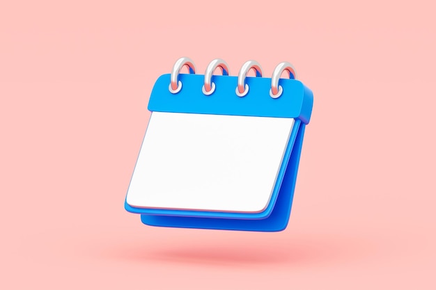 Calendario azul 3d icono fecha horario aislado en fondo rosa con recordatorio de tiempo vacío plan cita agenda concepto o organizador de papel blanco planificador calendario y calendario en blanco página de reunión